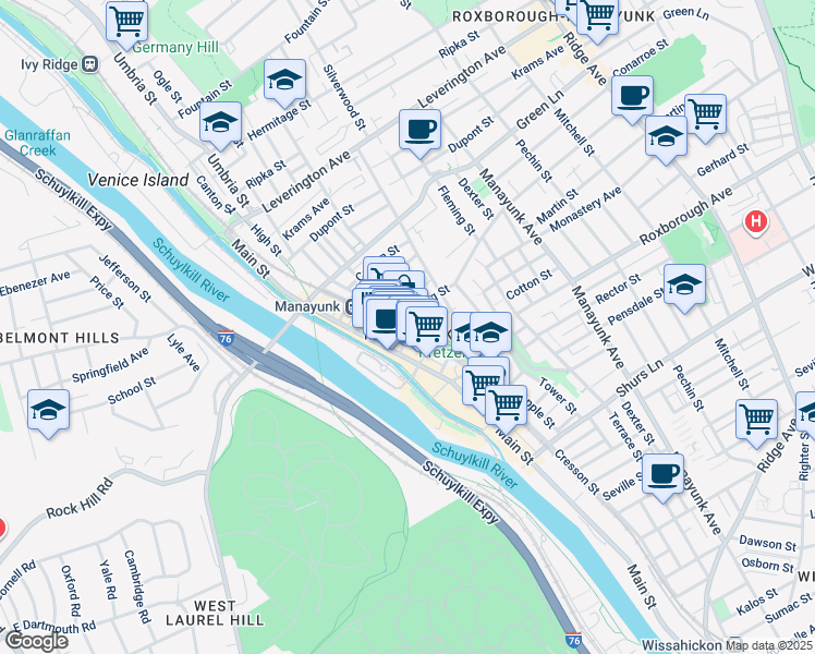 map of restaurants, bars, coffee shops, grocery stores, and more near 4345 Cresson Street in Philadelphia