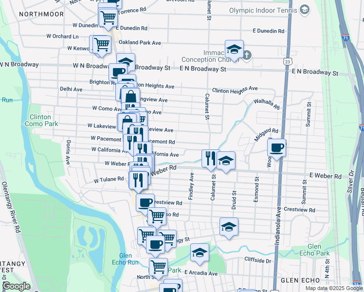map of restaurants, bars, coffee shops, grocery stores, and more near 142 East California Avenue in Columbus
