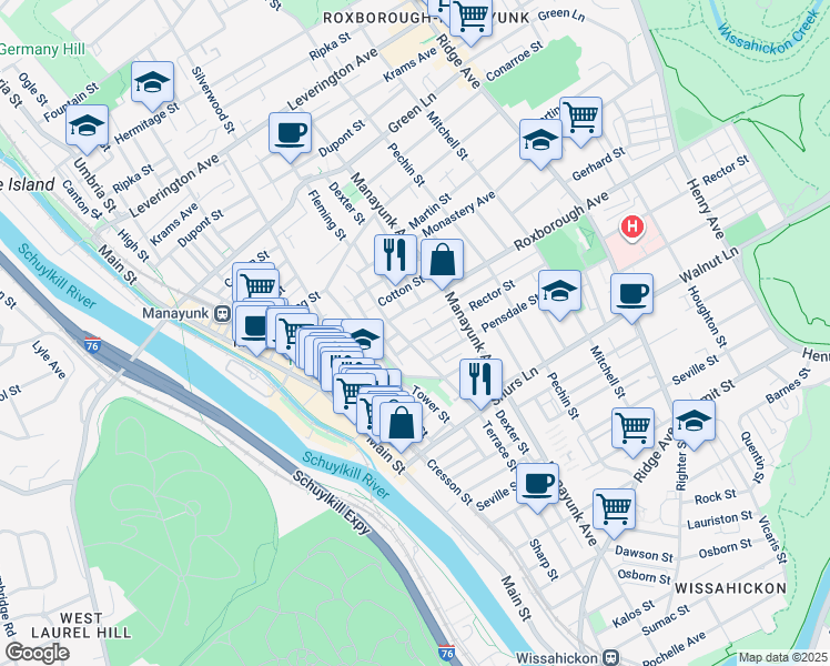 map of restaurants, bars, coffee shops, grocery stores, and more near 217 Rector Street in Philadelphia