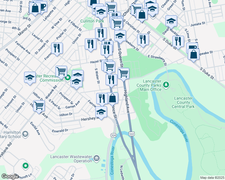 map of restaurants, bars, coffee shops, grocery stores, and more near 701 South Prince Street in Lancaster