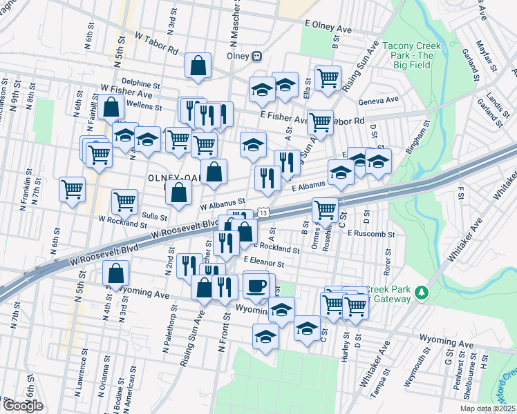 map of restaurants, bars, coffee shops, grocery stores, and more near in Philadelphia
