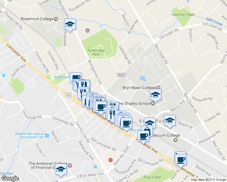 map of restaurants, bars, coffee shops, grocery stores, and more near 931 Montgomery Avenue in Bryn Mawr