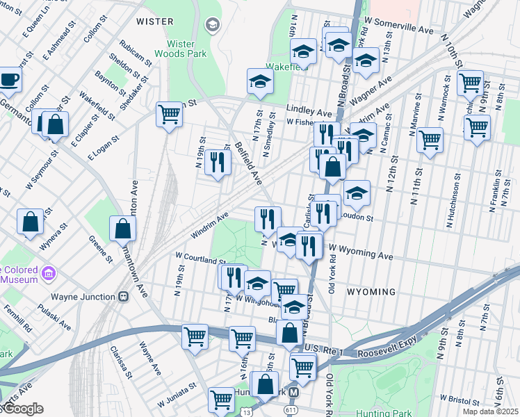 map of restaurants, bars, coffee shops, grocery stores, and more near 1617 West Mentor Street in Philadelphia