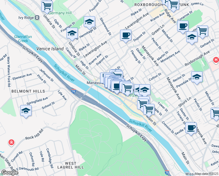 map of restaurants, bars, coffee shops, grocery stores, and more near 4411 Main Street in Philadelphia