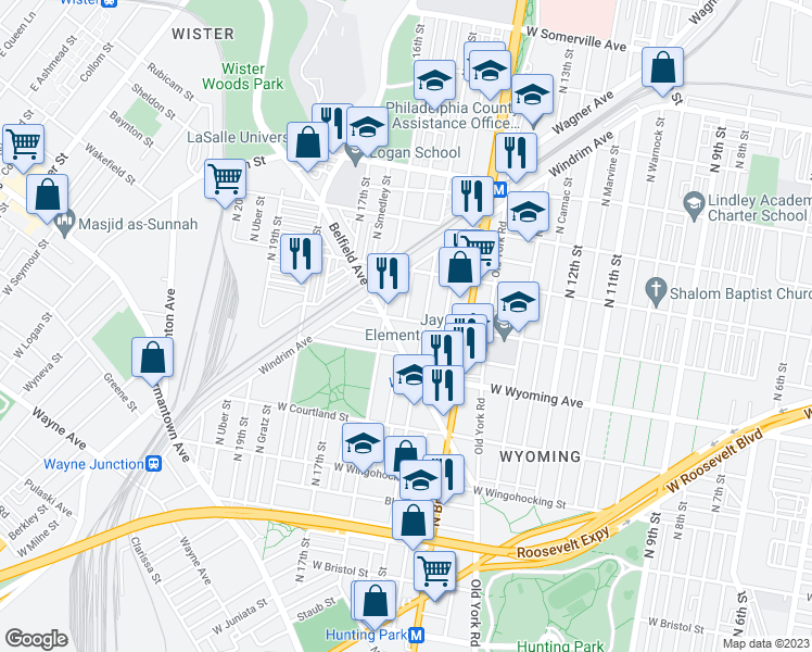 map of restaurants, bars, coffee shops, grocery stores, and more near 1518 West Loudon Street in Philadelphia