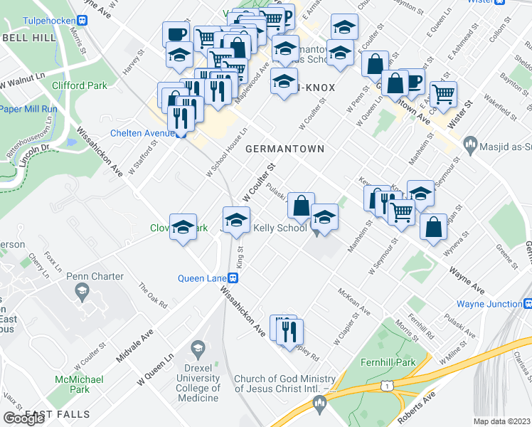 map of restaurants, bars, coffee shops, grocery stores, and more near 5336 Priscilla Street in Philadelphia