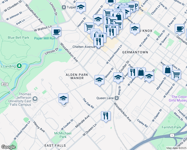 map of restaurants, bars, coffee shops, grocery stores, and more near 477 W School House Ln in Philadelphia