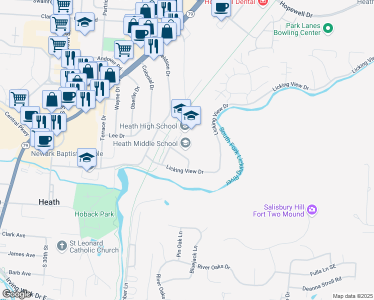 map of restaurants, bars, coffee shops, grocery stores, and more near 310 Licking View Drive in Heath