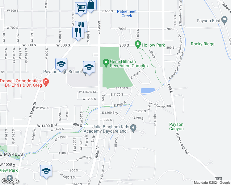 map of restaurants, bars, coffee shops, grocery stores, and more near 171 East 1170 South in Payson