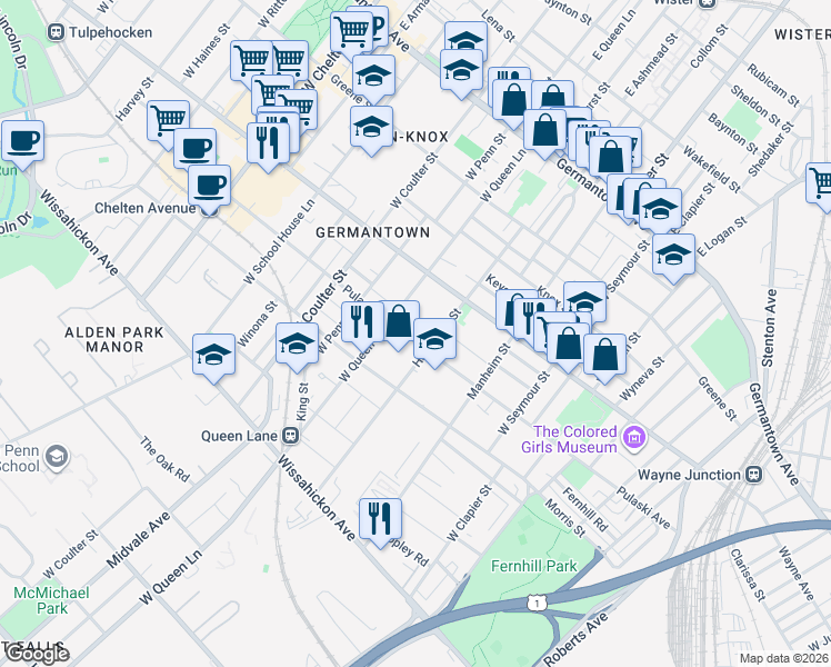 map of restaurants, bars, coffee shops, grocery stores, and more near 251 Hansberry Street in Philadelphia
