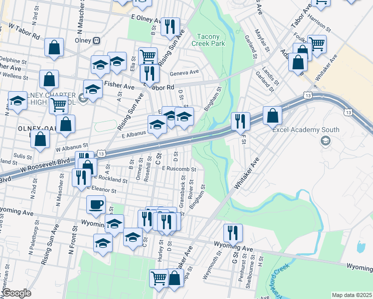 map of restaurants, bars, coffee shops, grocery stores, and more near 522 East Roosevelt Boulevard in Philadelphia