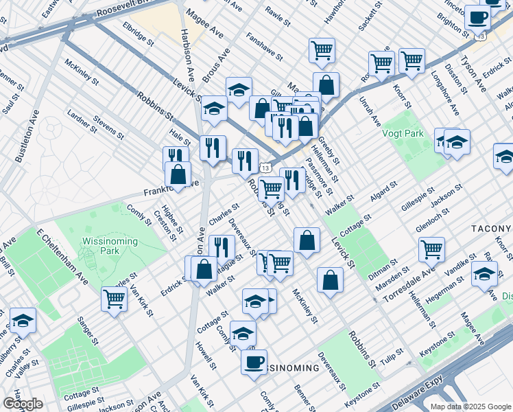 map of restaurants, bars, coffee shops, grocery stores, and more near 6252 Tackawanna Street in Philadelphia