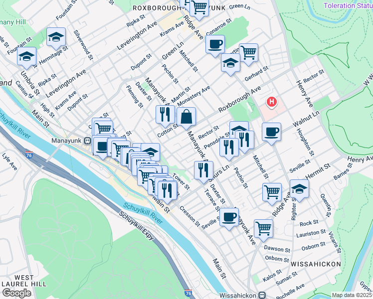 map of restaurants, bars, coffee shops, grocery stores, and more near 239 Rector Street in Philadelphia
