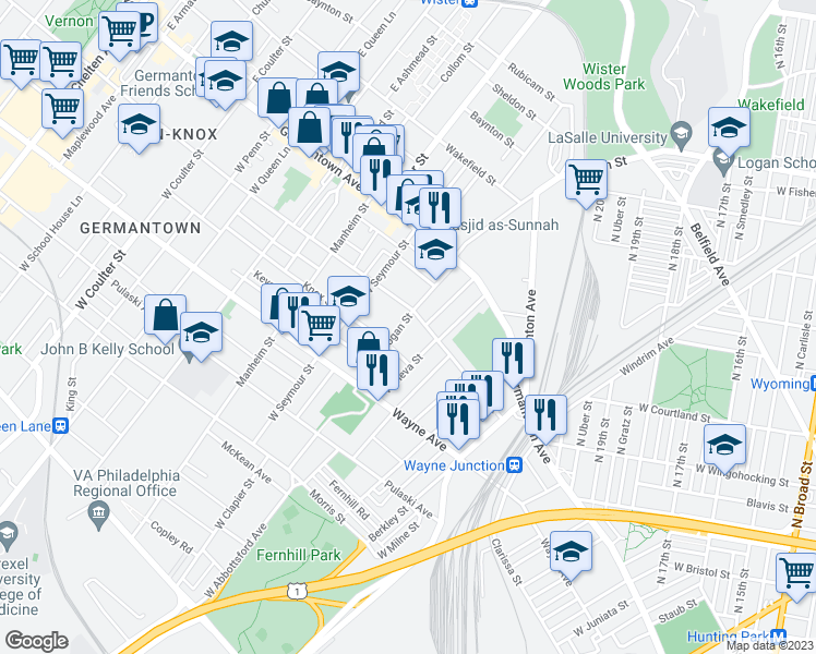 map of restaurants, bars, coffee shops, grocery stores, and more near 114 West Logan Street in Philadelphia