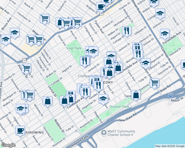map of restaurants, bars, coffee shops, grocery stores, and more near Glenloch Street in Philadelphia