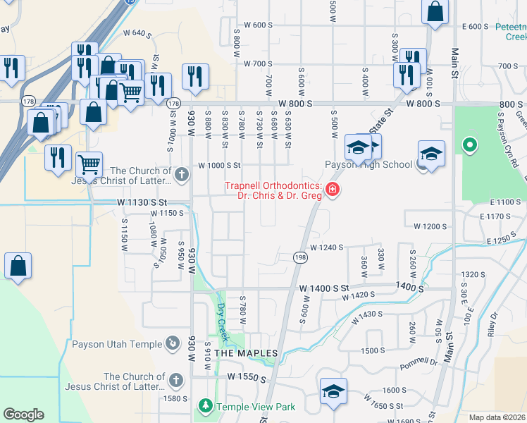 map of restaurants, bars, coffee shops, grocery stores, and more near 1163 South 730 West Street in Payson
