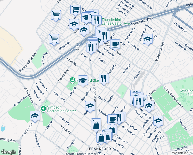 map of restaurants, bars, coffee shops, grocery stores, and more near 1141 Pratt Street in Philadelphia