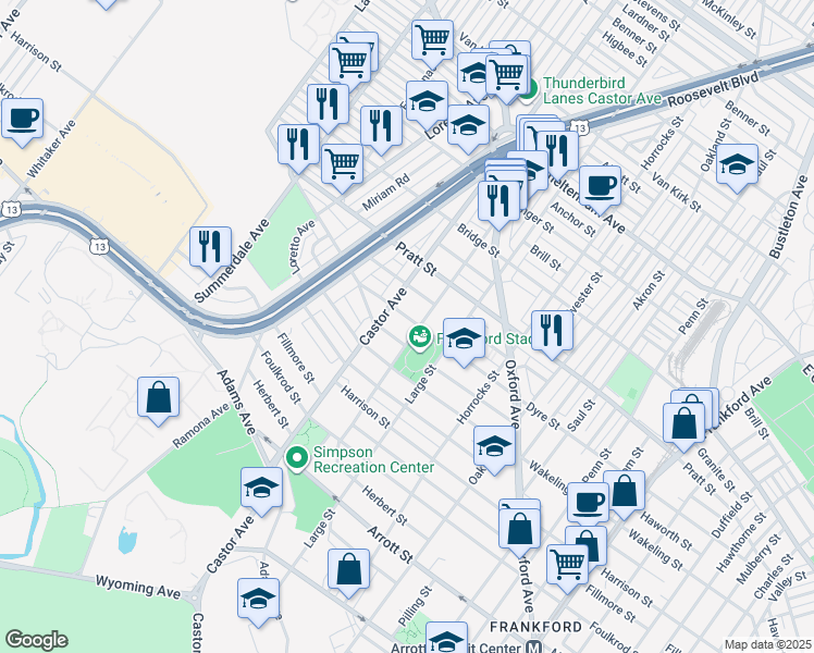 map of restaurants, bars, coffee shops, grocery stores, and more near 1020 Dyre Street in Philadelphia