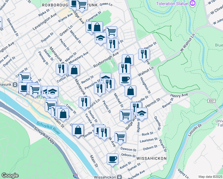map of restaurants, bars, coffee shops, grocery stores, and more near 458 Shurs Lane in Philadelphia
