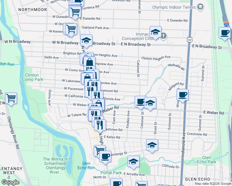 map of restaurants, bars, coffee shops, grocery stores, and more near 100 East California Avenue in Columbus