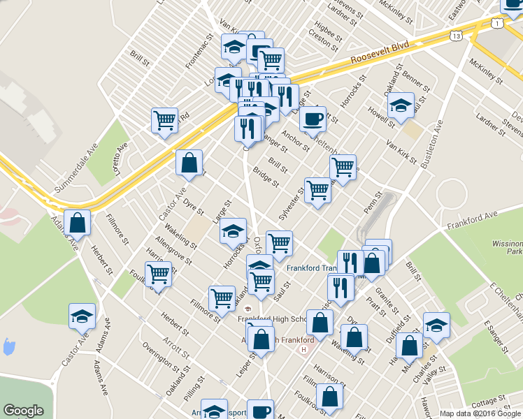 map of restaurants, bars, coffee shops, grocery stores, and more near 1141 Pratt Street in Philadelphia