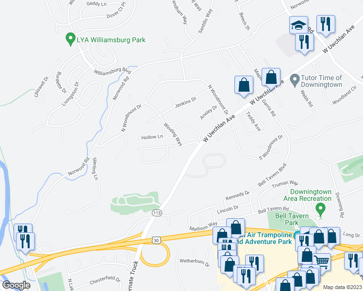 map of restaurants, bars, coffee shops, grocery stores, and more near 200 Winding Way in Downingtown