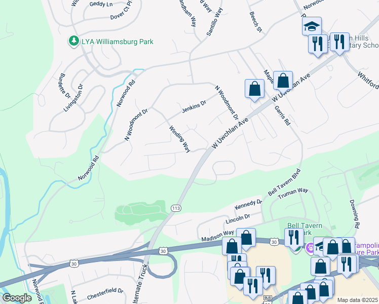 map of restaurants, bars, coffee shops, grocery stores, and more near 100 Campbell Circle in Downingtown