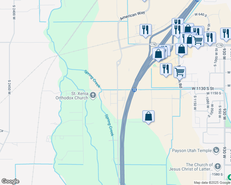 map of restaurants, bars, coffee shops, grocery stores, and more near 1704 1160 South in Payson