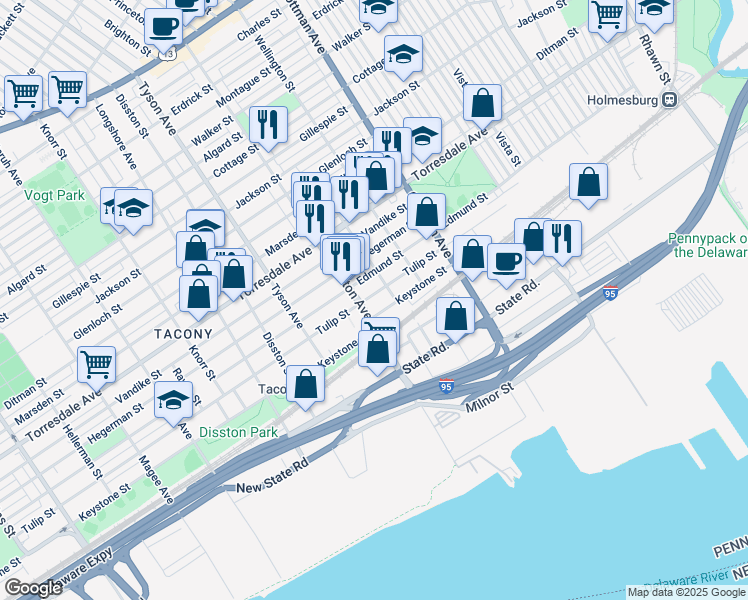 map of restaurants, bars, coffee shops, grocery stores, and more near 7113 Tulip Street in Philadelphia