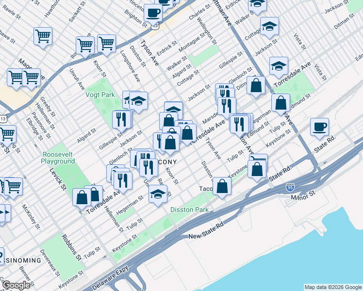 map of restaurants, bars, coffee shops, grocery stores, and more near 6908 Torresdale Ave in Philadelphia