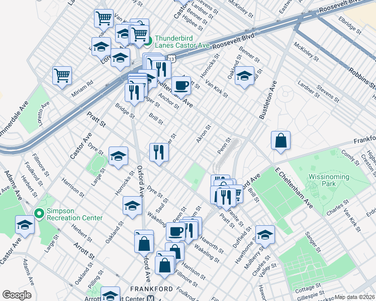 map of restaurants, bars, coffee shops, grocery stores, and more near 5260 Akron Street in Philadelphia