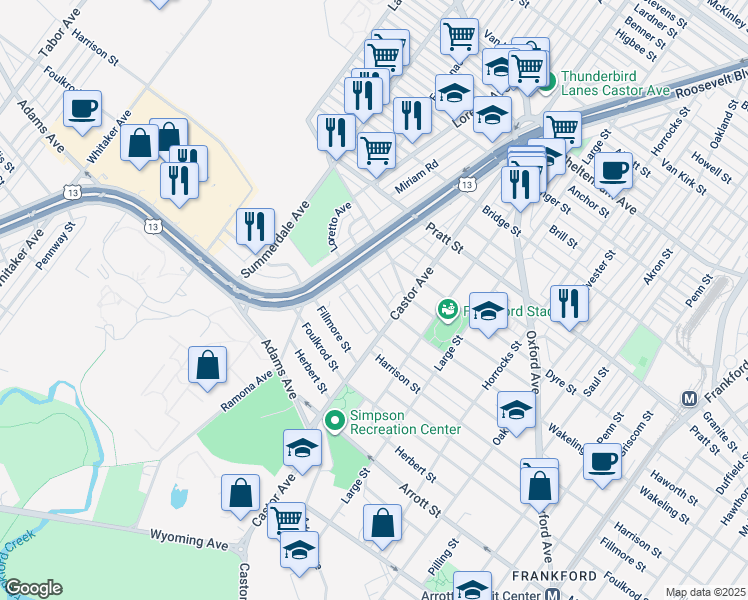map of restaurants, bars, coffee shops, grocery stores, and more near 968 Wakeling Street in Philadelphia