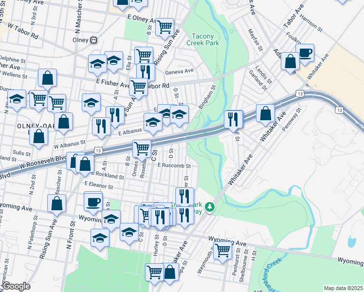 map of restaurants, bars, coffee shops, grocery stores, and more near 5043 D Street in Philadelphia