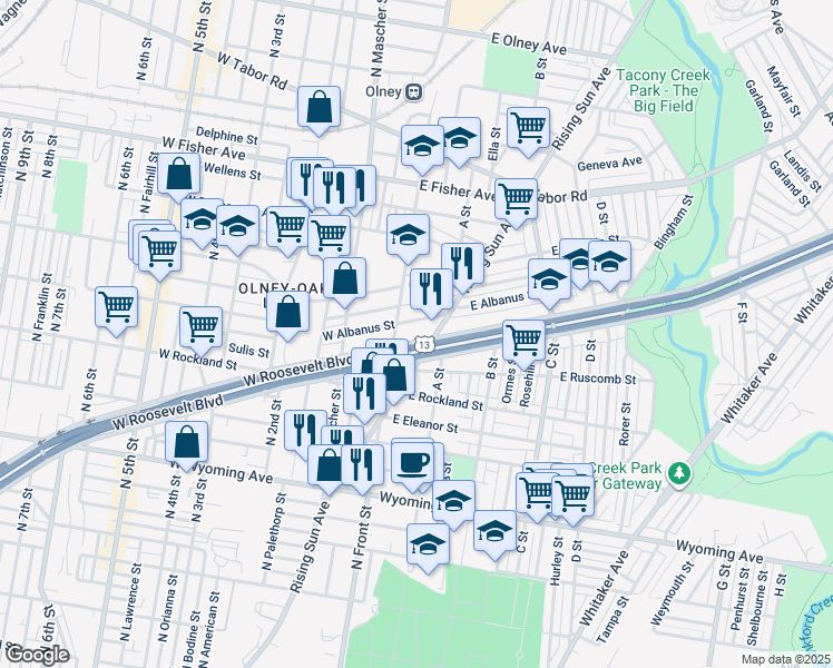 map of restaurants, bars, coffee shops, grocery stores, and more near in Philadelphia