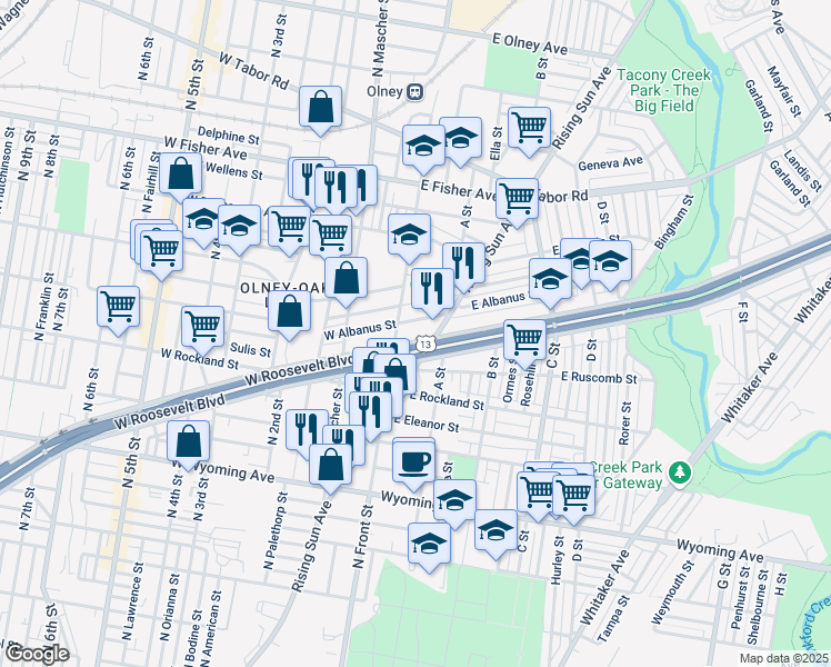 map of restaurants, bars, coffee shops, grocery stores, and more near in Philadelphia