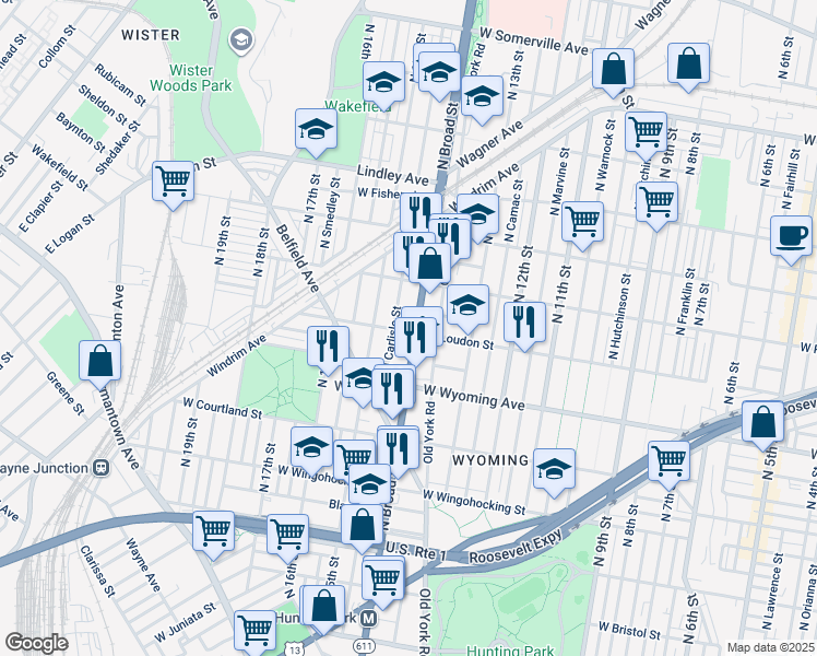 map of restaurants, bars, coffee shops, grocery stores, and more near 4800 North Broad Street in Philadelphia