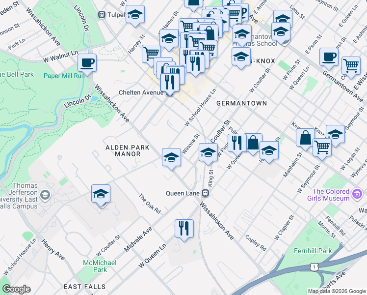 map of restaurants, bars, coffee shops, grocery stores, and more near 463 Winona Street in Philadelphia