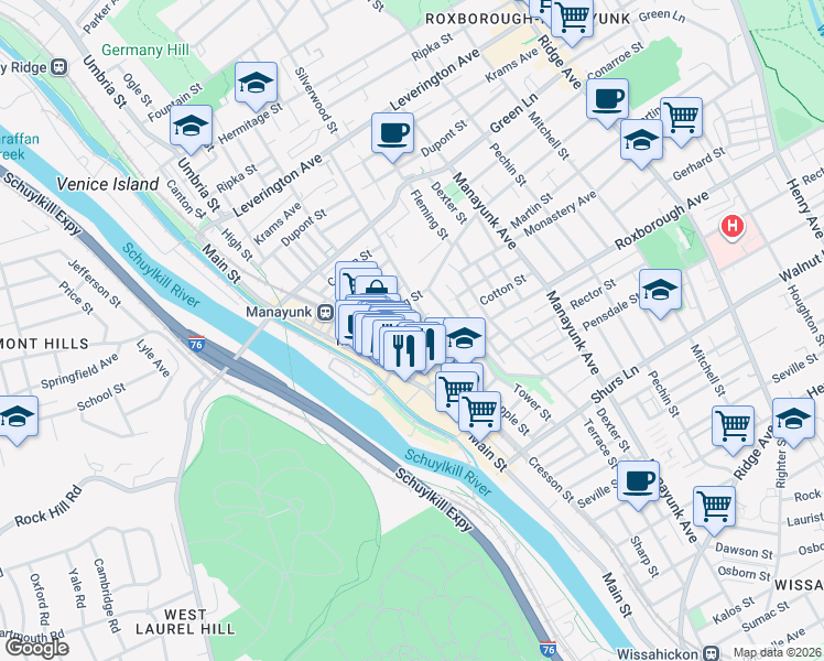 map of restaurants, bars, coffee shops, grocery stores, and more near 120 Cotton Street in Philadelphia