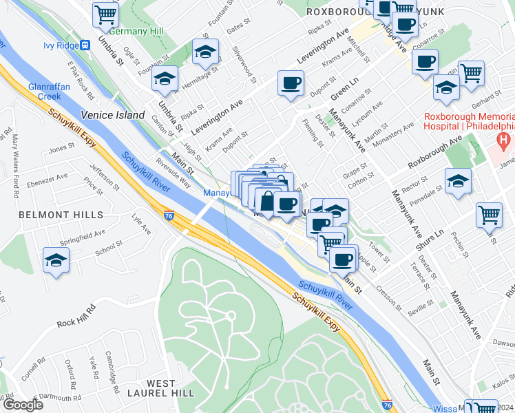 map of restaurants, bars, coffee shops, grocery stores, and more near 4400b Main Street in Philadelphia