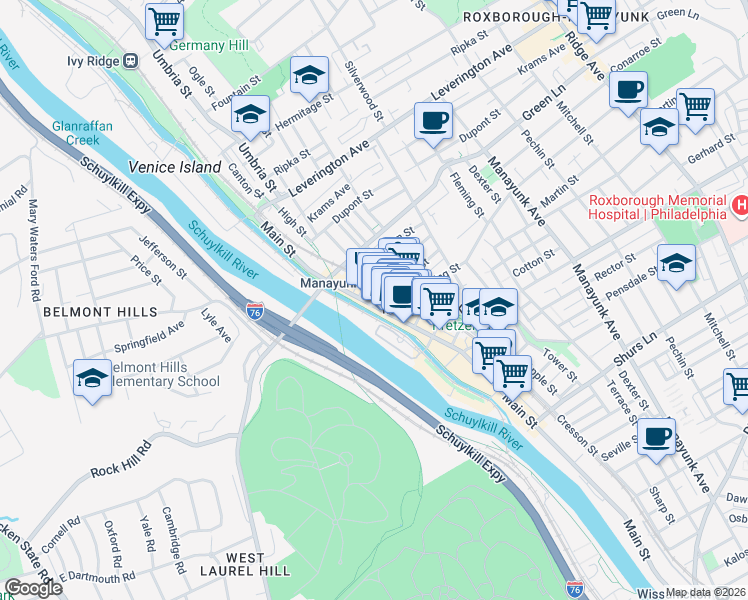 map of restaurants, bars, coffee shops, grocery stores, and more near 4400b Main Street in Philadelphia