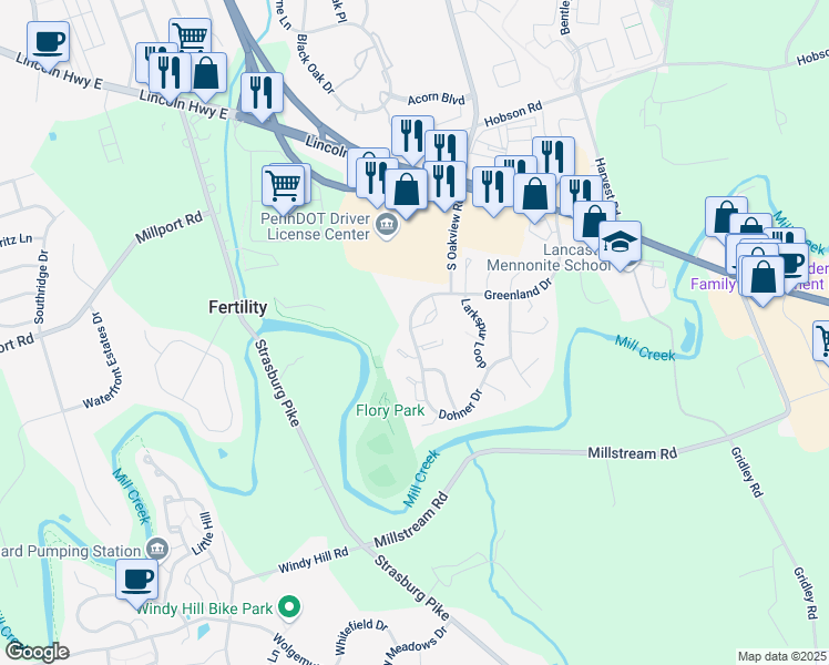 map of restaurants, bars, coffee shops, grocery stores, and more near 502-580 Greenland Drive in Lancaster