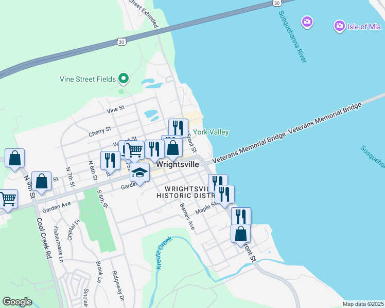 map of restaurants, bars, coffee shops, grocery stores, and more near 111 Pennsylvania 624 in Wrightsville