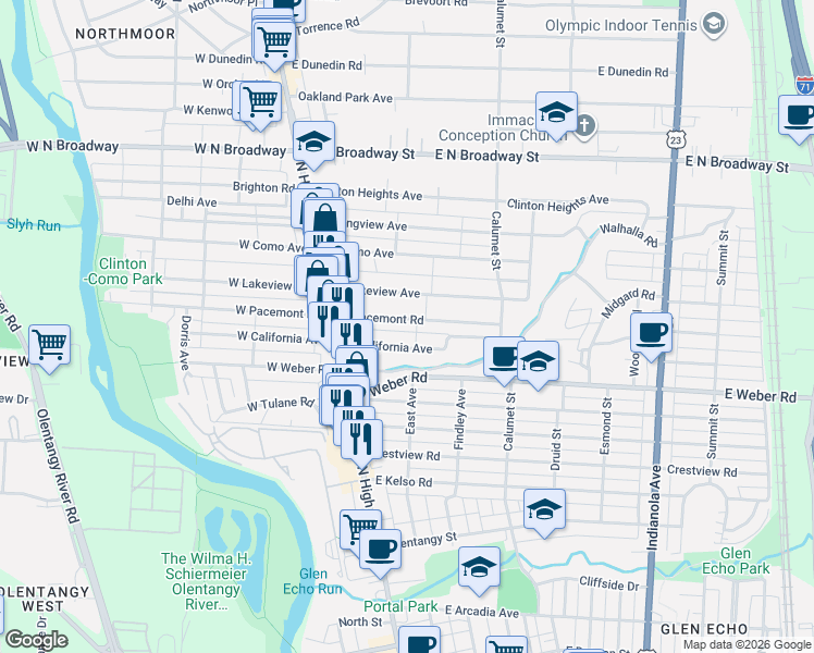 map of restaurants, bars, coffee shops, grocery stores, and more near 100 East California Avenue in Columbus