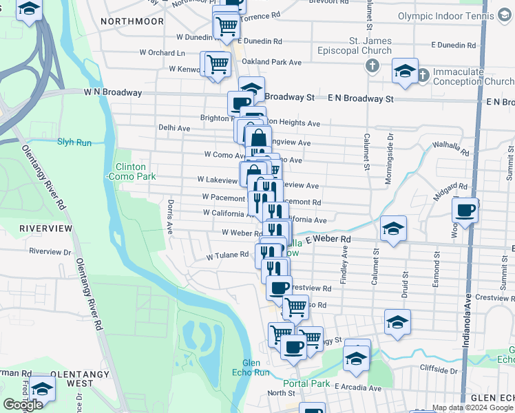 map of restaurants, bars, coffee shops, grocery stores, and more near 3131 North High Street in Columbus