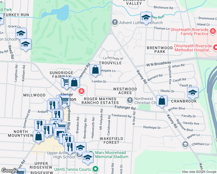map of restaurants, bars, coffee shops, grocery stores, and more near 1421 Friar Lane in Upper Arlington