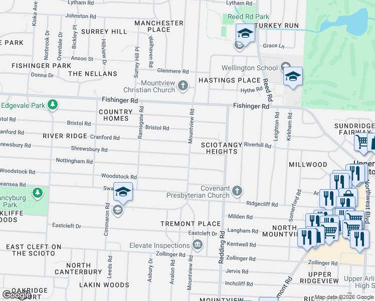 map of restaurants, bars, coffee shops, grocery stores, and more near 2187 Shrewsbury Road in Columbus