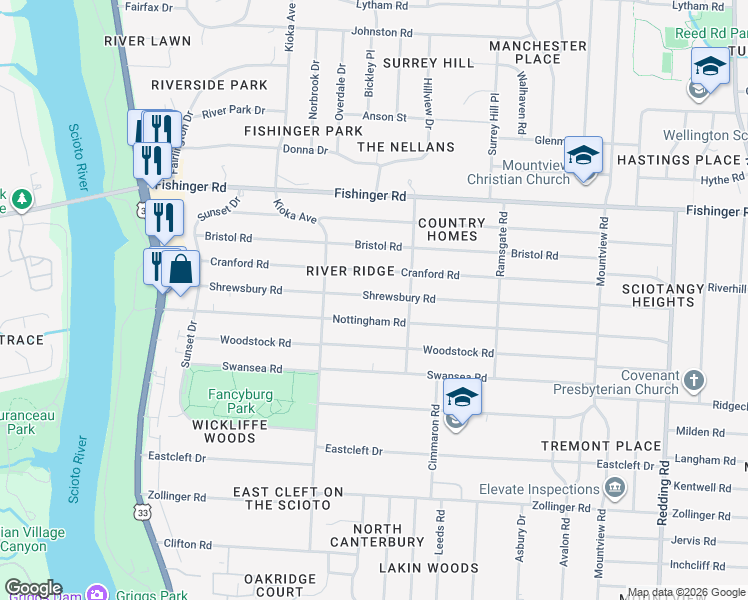 map of restaurants, bars, coffee shops, grocery stores, and more near 2514 Nottingham Road in Columbus