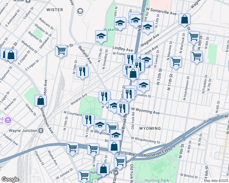 map of restaurants, bars, coffee shops, grocery stores, and more near 1300 West Loudon Street in Philadelphia