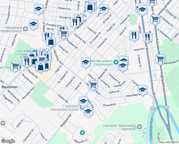 map of restaurants, bars, coffee shops, grocery stores, and more near 1019 Union Street in Lancaster