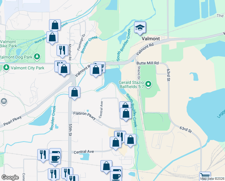 map of restaurants, bars, coffee shops, grocery stores, and more near 5777 Central Avenue in Boulder